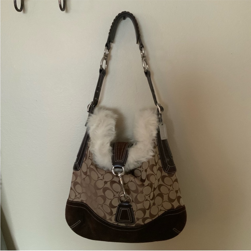 Coach Signature Set Handbag Tote Purse Wallet Winter Fur leather canvas - Picture 6 of 15